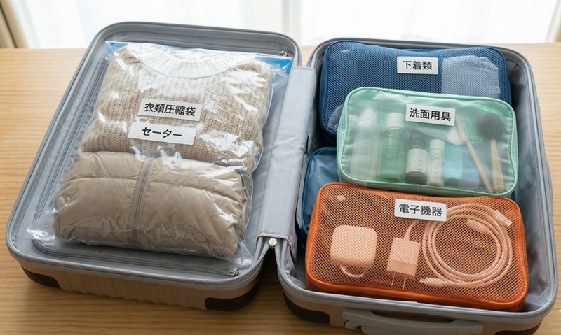 スーツケース内の整理術。手巻き式の圧縮袋でぺたんこになったセーターとダウンジャケット。隣には日本語ラベル付きのトラベルポーチ（下着類、洗面用具、電子機器）。