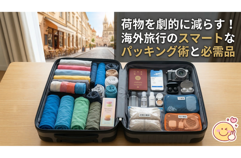 海外旅行のスマートなパッキング術と必需品をテーマにした、整理整頓されたトップダウンのフラットレイ写真。整理整頓されたスーツケースと、日本パスポート、必需品、ラベル付きポーチが並ぶ。