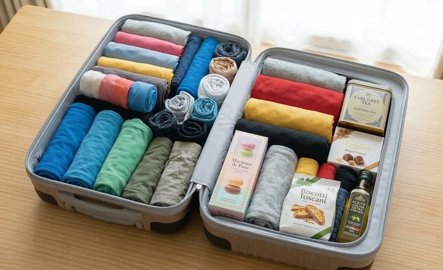スーツケースの中にきれいに丸めて詰められた様々な色の衣類。隙間なくパズルのようにはめ込まれ、空いたスペースにはヨーロッパ風のお土産（マカロン、紅茶缶、高級チョコレート、ビスコッティなど）が収まっている。