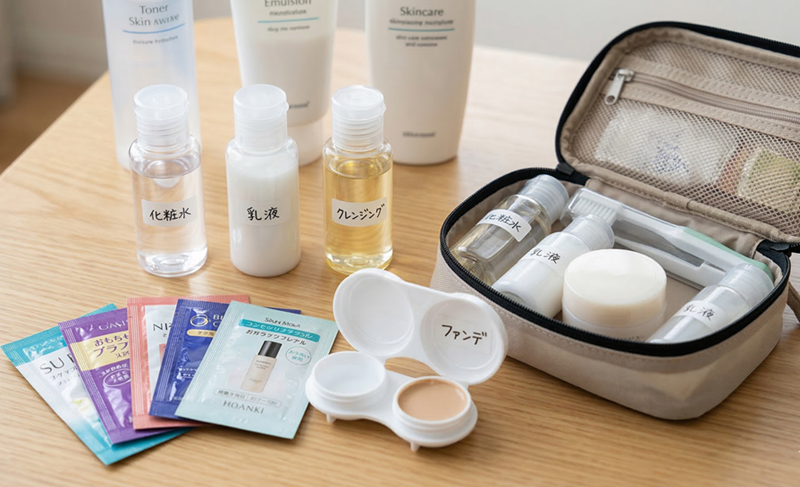 旅行用に小分けされた化粧水や乳液のミニボトル、サンプルパウチ、ファンデーションを入れたコンタクトケースとトラベルポーチ