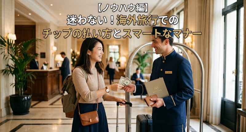 ホテルのロビーで、日本人女性旅行者が制服を着たベルボーイにアメリカドルの紙幣をスマートに手渡している。画像には「【ノウハウ編】 迷わない！海外旅行でのチップの払い方とスマートなマナー」というテキストが書かれている。