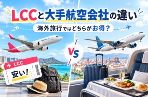 LCCと大手航空会社の違いを航空機や手荷物、機内サービスのイメージで比較した画像