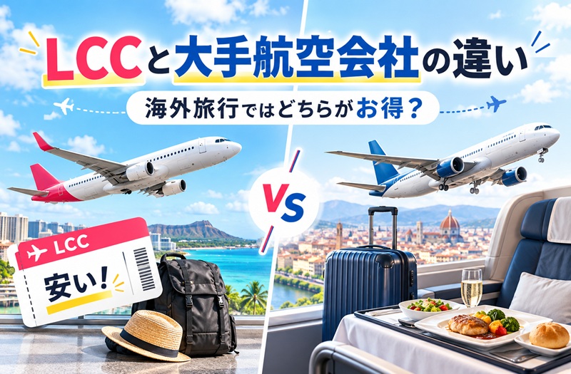 LCCと大手航空会社の違いを航空機や手荷物、機内サービスのイメージで比較した画像